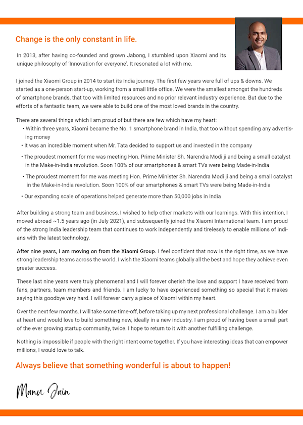 小米集团全球副总裁Manu Kumar Jain辞职:把小米做成印度第一